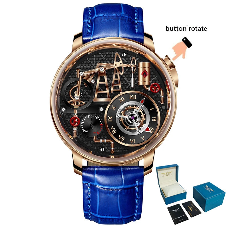 Orologio da uomo PINDU NEW TOP al quarzo con pulsante pompa olio, stile business, 45.5MM, vetro zaffiro, impermeabile, cinturino in pelle