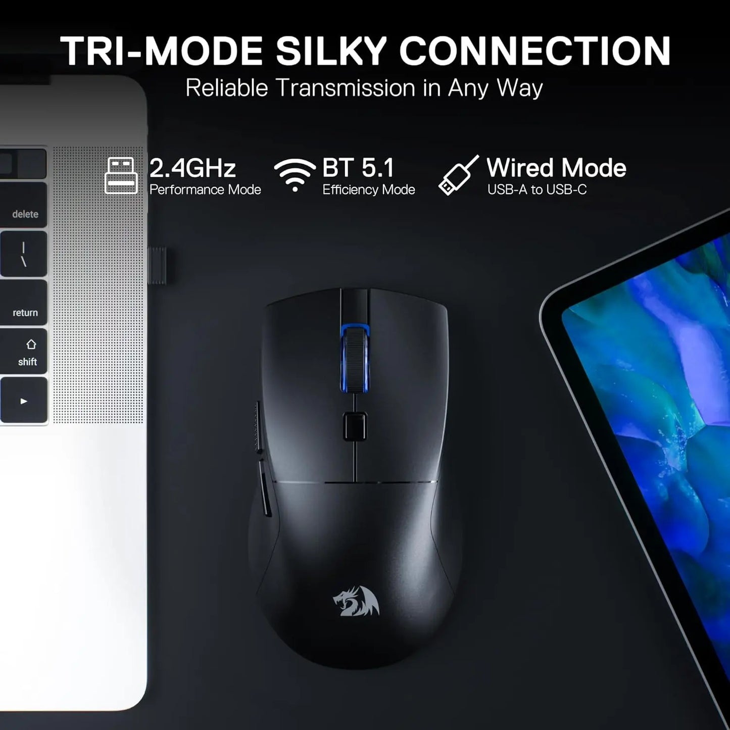 Redragon M618 LIT Wireless Gaming Mouse, 10000 DPI Ergonomic Wireless Gaming Mouse with Bluetooth, 2.4GHz, 6 Programmable Buttons