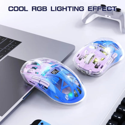 A2 przezroczysta bezprzewodowa mysz gamingowa, BT 5.0/2.4G, ładowalna mysz RGB do PC z ekranem cyfrowym, PixArt 3212, 5 regulowanych poziomów DPI