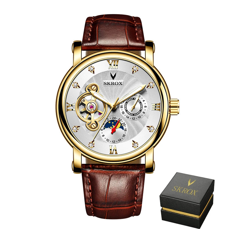 Luxus automatikus mechanikus férfi karóra, egy neves márka aláírásával, tourbillon-nal, holdfázis-kijelzővel és gyémántokkal díszítve – egy elegáns karóra.
