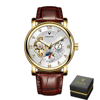 Luxus automatikus mechanikus férfi karóra, egy neves márka aláírásával, tourbillon-nal, holdfázis-kijelzővel és gyémántokkal díszítve – egy elegáns karóra.
