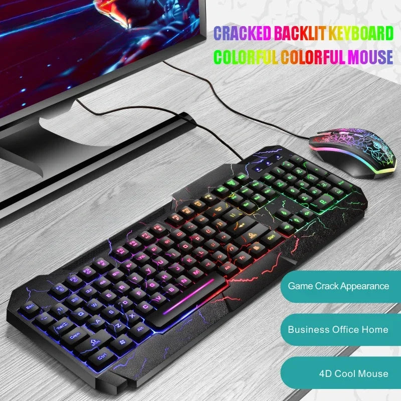 Conjunto de Teclado e Rato Gaming com Fios para Computador de Secretária, Sensação Mecânica e Retroiluminação LED