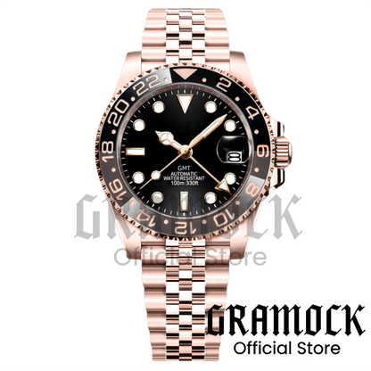 Gramock Rose Gold 40MM GMT NH34A Mechanical Watches Date Sapphire Crystal 100M Diving Rotating Bezel Men's Automatic Wristwatch