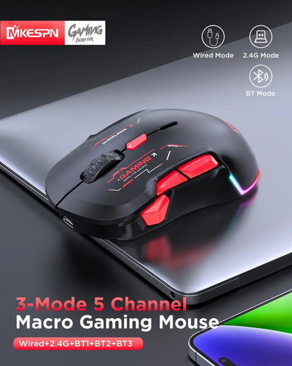 Mouse gaming macro MKESPN W12 a 10 pulsanti, ambidestro, wireless Bluetooth multi-canale tri-mode, grande RGB ergonomico