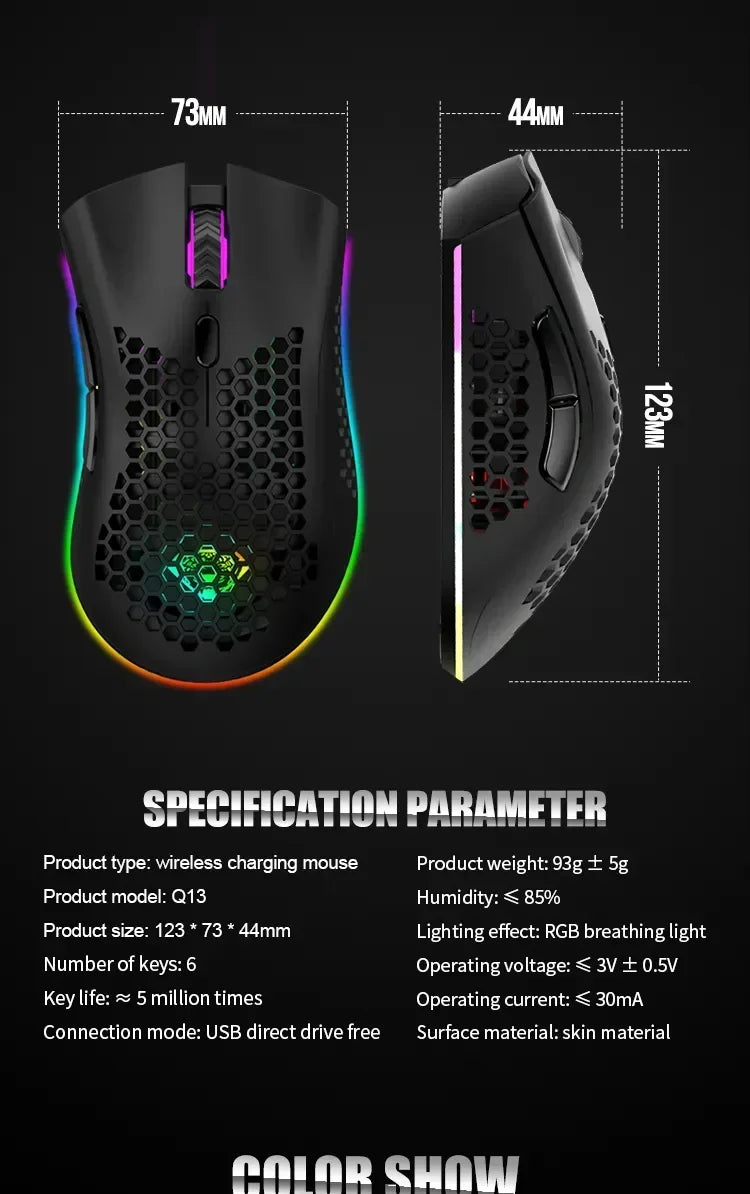 BM600 Wireless Gaming Mouse USB 2.4GHz Rechargeable RGB Wireless Mouse, Ergonomic Honeycomb Optical Mouse for PC, Laptop & Office