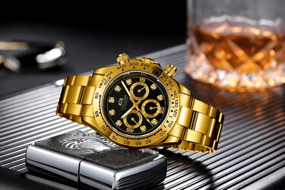 Automatic Mens Watch Mechanical Self Wind Movement Gold Black Stainless Steel Diamonds Stone Sports Luxury Fashion Watches