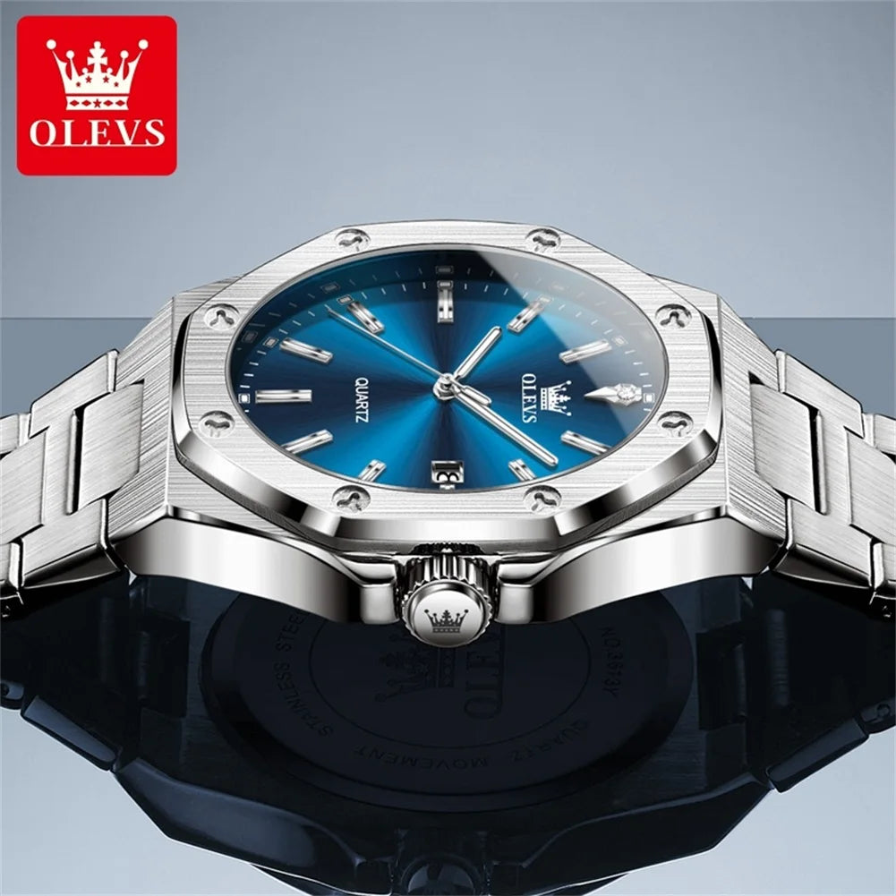 OLEVS Watches For Men Luxury Silver Blue Classic Quartz Watch for Man Waterproof Stainless Steel Luminous Reloj Hombre 2025