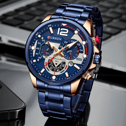 Orologio da uomo CURREN sportivo al quarzo con cronografo, in acciaio inox di lusso con quadrante luminoso