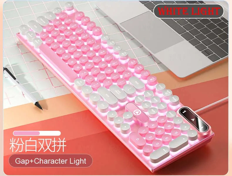 Teclado K500 rosa de cores mistas com teclas brancas e rosa, 104 teclas, teclado gaming com fios para portátil e PC