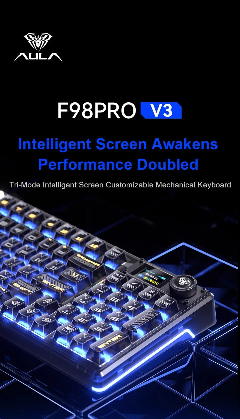 AULA F98Pro V3 Mechanical Keyboard W/ Rotate Button RGB Backlight Screen Tri-Modes Game E-sports Special Carved 95 Keycaps