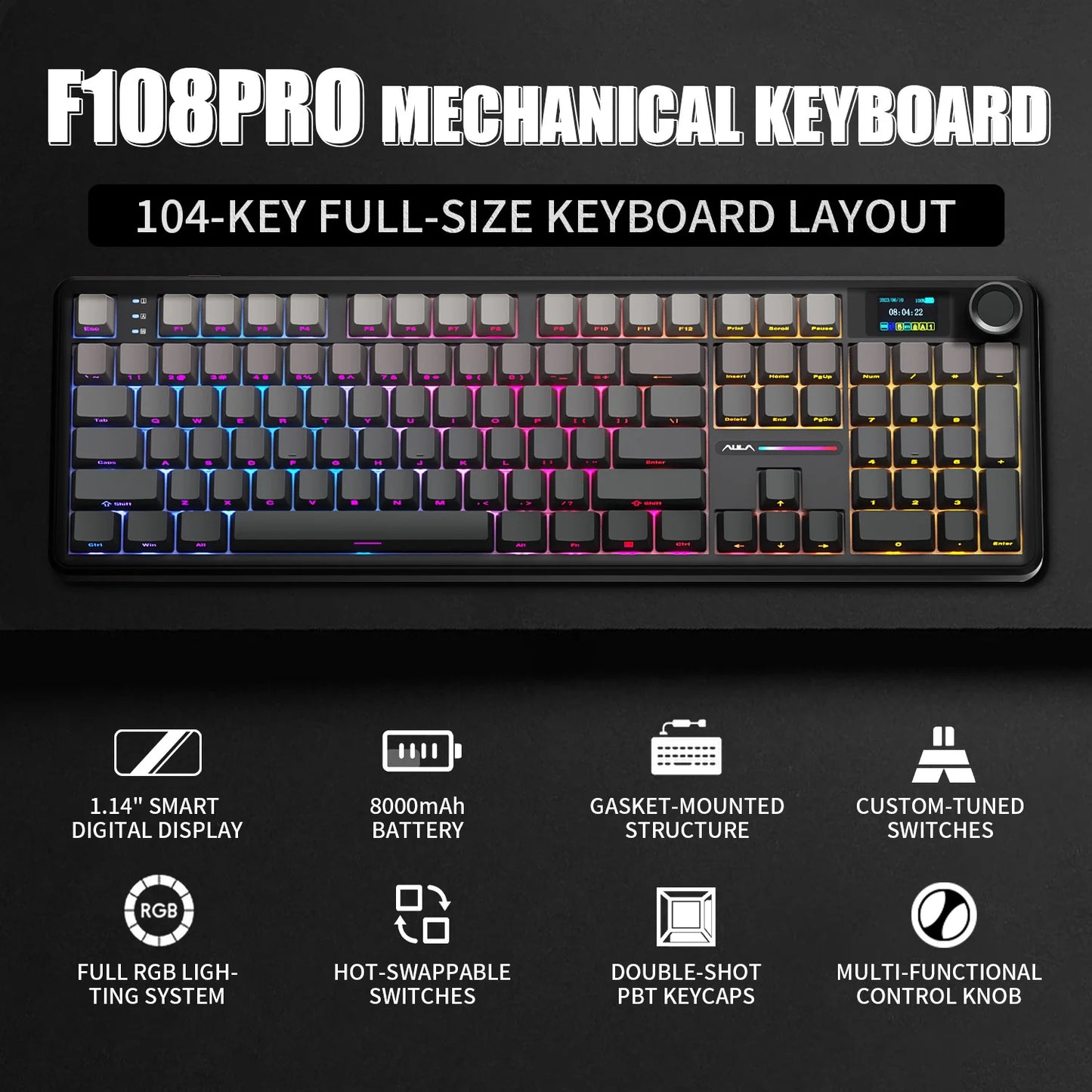 Teclado Mecânico AULA F108 PRO Personalizado Layout 100% Retroiluminação RGB Sem Fios Bluetooth Interruptores Hi-Fi Teclado Gaming