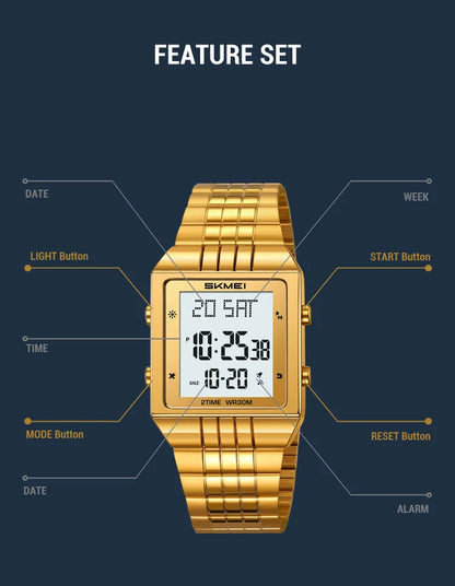 Skmei Luxury Digital Watches for Mens LED Waterproof Date Week Display Chronograph Fashion Dual Time Zones Bracelet Steel Watch