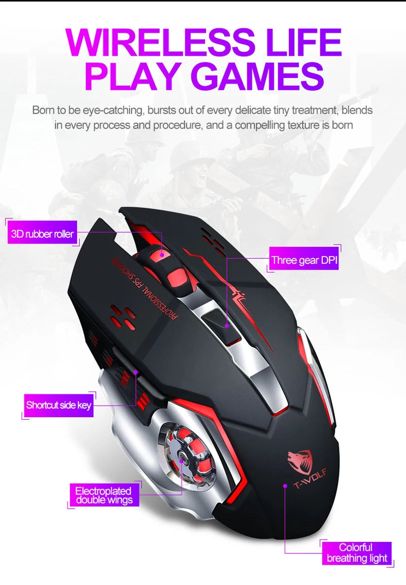 Rechargeable Wireless Gaming Mouse with RGB Backlit, Silent Click, Ergonomic Optical Wireless Mouse for PC, Laptop & Desktop, 2400 DPI