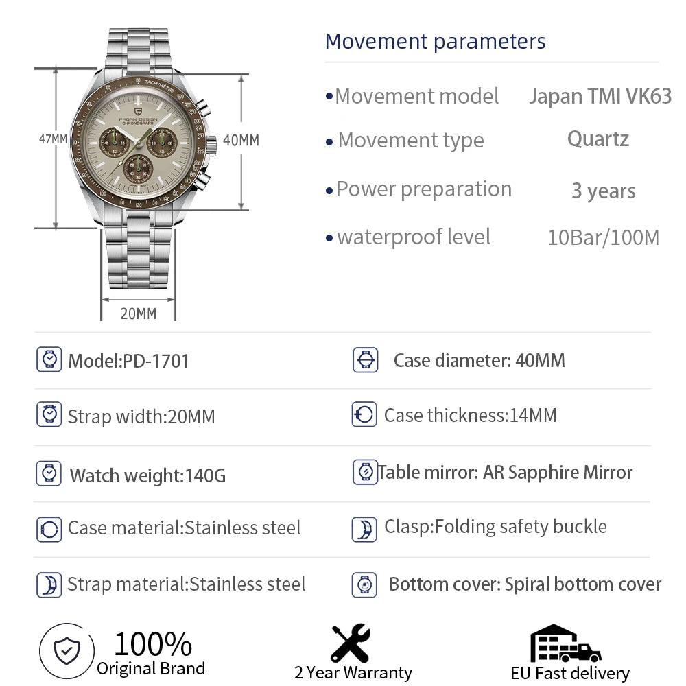 PAGANI DESIGN 2026 New Saturn Men's Watches Quartz Watch For Men Light Tan Sport Chronograph AR Sapphire Crystal Wrist Watch Men