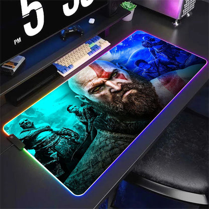 God Of War Large Kratos Atreus Mouse Pad RGB Glowing E-Sports Gamer Keyboard Rug with Extensible Phantom Color Carpet 500x1000