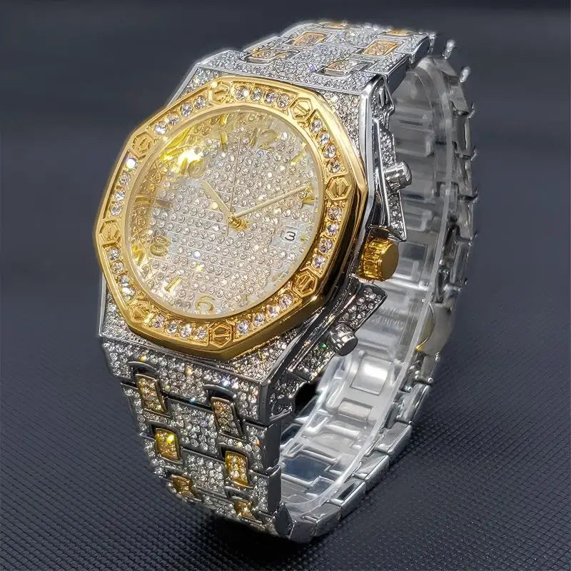 Gold Watches For Men Full Iced Diamond Men's Quartz Watch Luxury Fashion Calendar Wristwatch Dropshipping