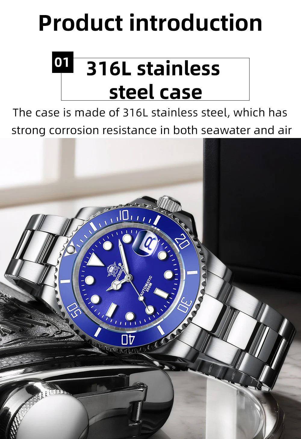 ADDIESDIVE Luxus-Automatikuhr für Herren 8215 Mechanische Uhr BGW9 Leuchtend Saphirglas Taucheruhr für Herren Analoguhr AD2503