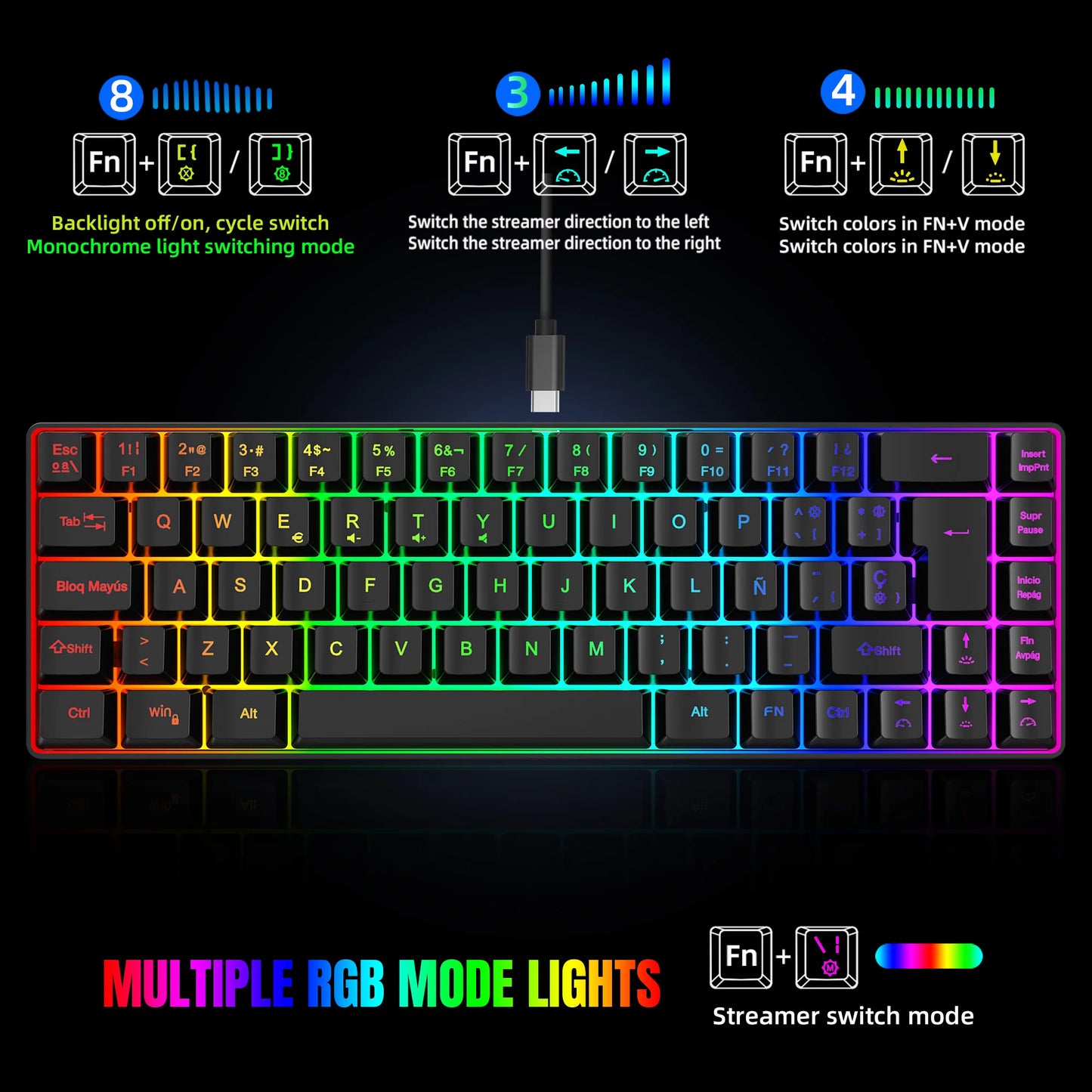 Promoção imperdível! Teclado gaming com fios espanhol de 69 teclas, retroiluminação RGB e design compacto 68%, um acessório indispensável para profissionais de escritório e gamers