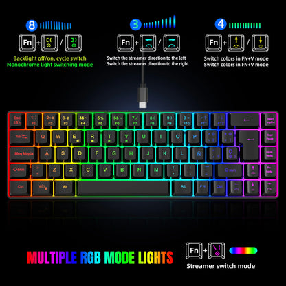 Promoção imperdível! Teclado gaming com fios espanhol de 69 teclas, retroiluminação RGB e design compacto 68%, um acessório indispensável para profissionais de escritório e gamers