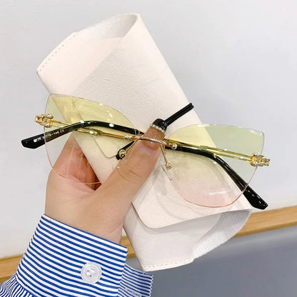 KLASSNUM Vintage Rimless Sunglasses Women Men Cat Eye Gradient Lens Sun Glasses UV400 Shades Protection Goggles for Party Xmas