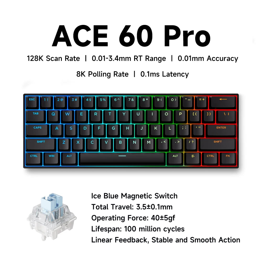 Teclado Gaming MCHOSE ACE 68 com Switches Magnéticos Hall Effect, Rapid Trigger, RGB Programável, 8K Hz, DKS/MT/TGL/RS/SOCD
