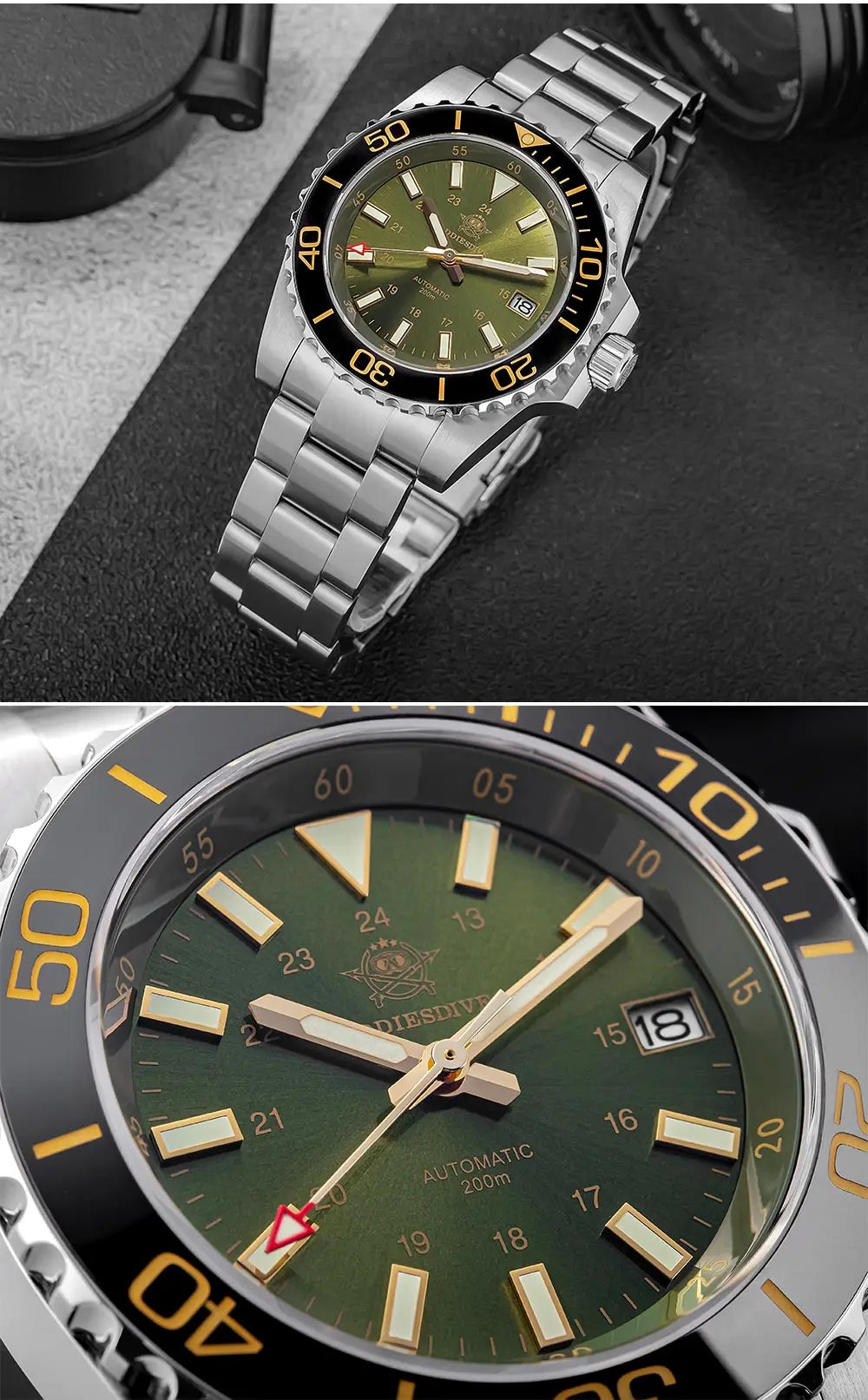 ADDIESDIVE Men's Diver's Watch 200m Sapphire Luminous Ceramic Bezel Men's Analog Mechanical Watch Stainless Steel Diving Watches