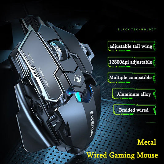 Mouse gaming meccanico in metallo cablato ergonomico con retroilluminazione RGB, mouse da gioco ottico USB 12800 DPI per PC desktop