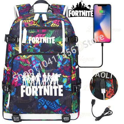 Yule Trooper F-Fortnited Battle Royale Backpack with USB Charging Anime Figures Study Stationery Compartment Students Mochila