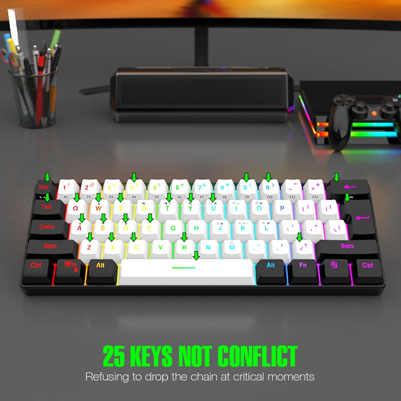 Teclado mecânico com fios de 61 teclas, branco, com switch preto e azul, à prova de água, iluminação RGB, kit para gaming e escritório, PUBG, retroiluminado