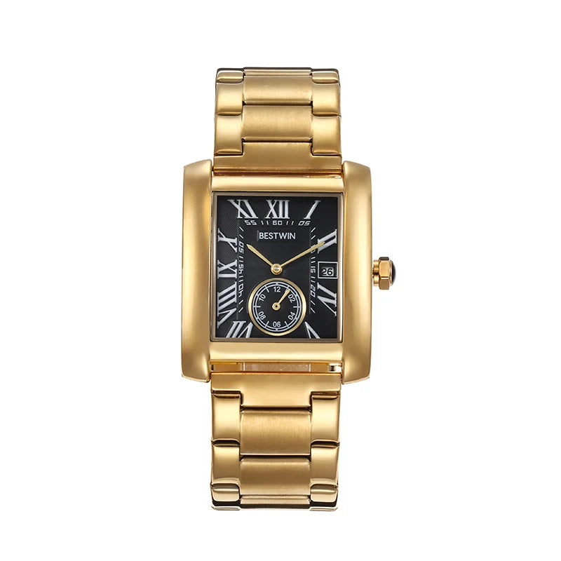 Luxury Men's Watch Men's Gold White Roman Digital Quartz Watch Metal Strap Rectangle Classic Brand Watch Business Men's Clock