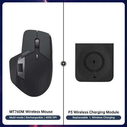 Rapoo MT760 Rechargeable Multi-Device Bluetooth Wireless Mouse, 4000 DPI Ergonomic Wireless Mouse with Tri-Mode Connection for Up to 4 Devices