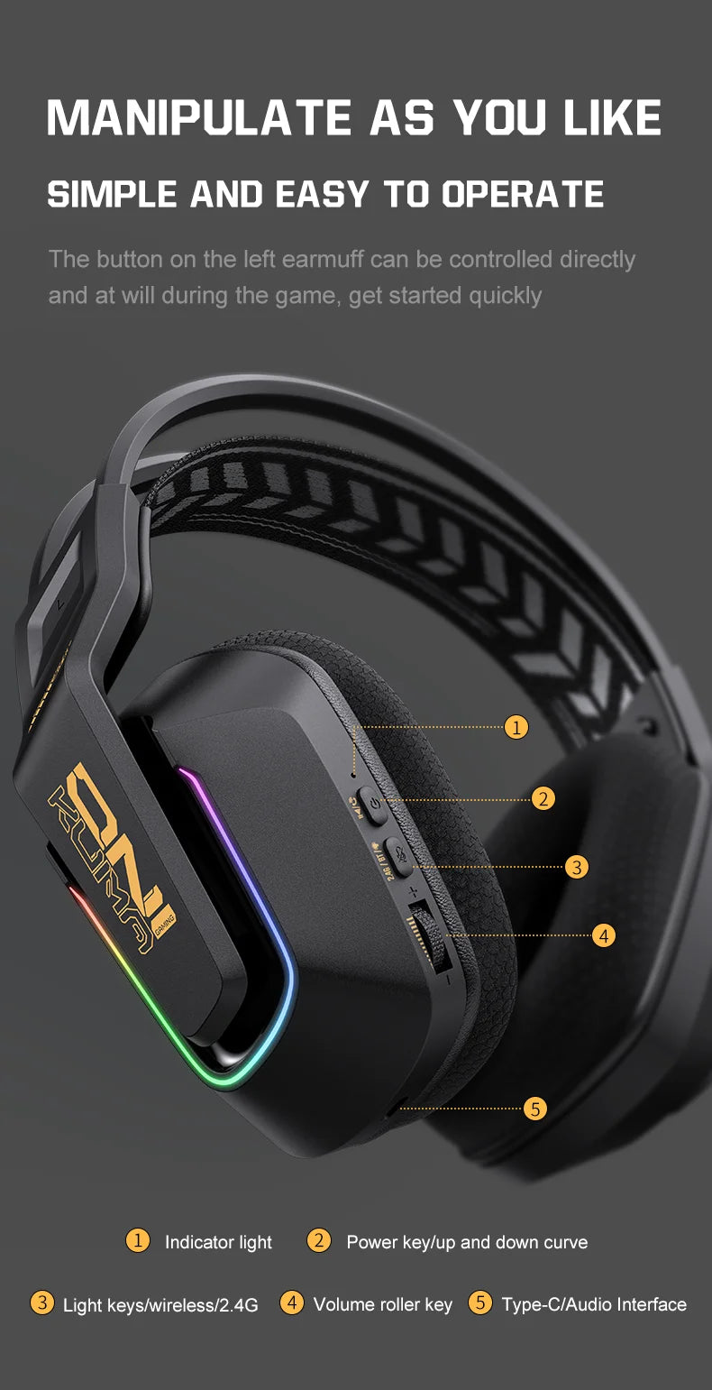 Auscultadores Gaming Sem Fios ONIKUMA GT828 Bluetooth 5.3 RGB com Microfone, Cancelamento de Ruído e Ligação em 4 Modos para PC, PS5 e Portátil