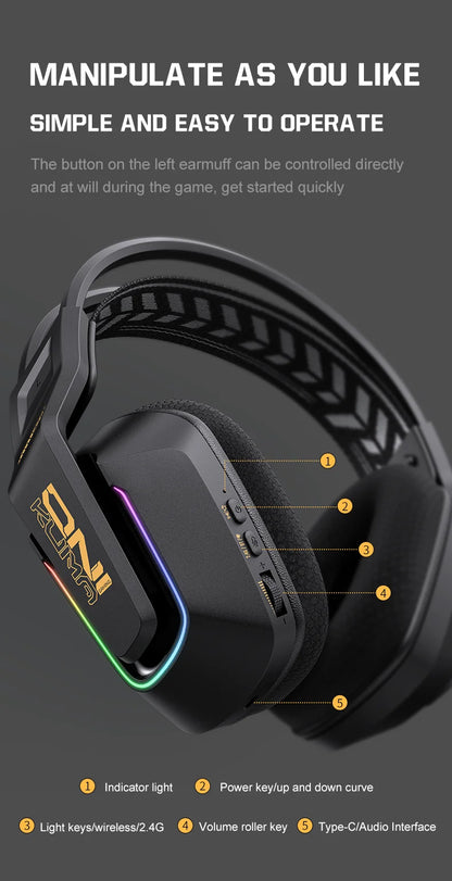 Auscultadores Gaming Sem Fios ONIKUMA GT828 Bluetooth 5.3 RGB com Microfone, Cancelamento de Ruído e Ligação em 4 Modos para PC, PS5 e Portátil