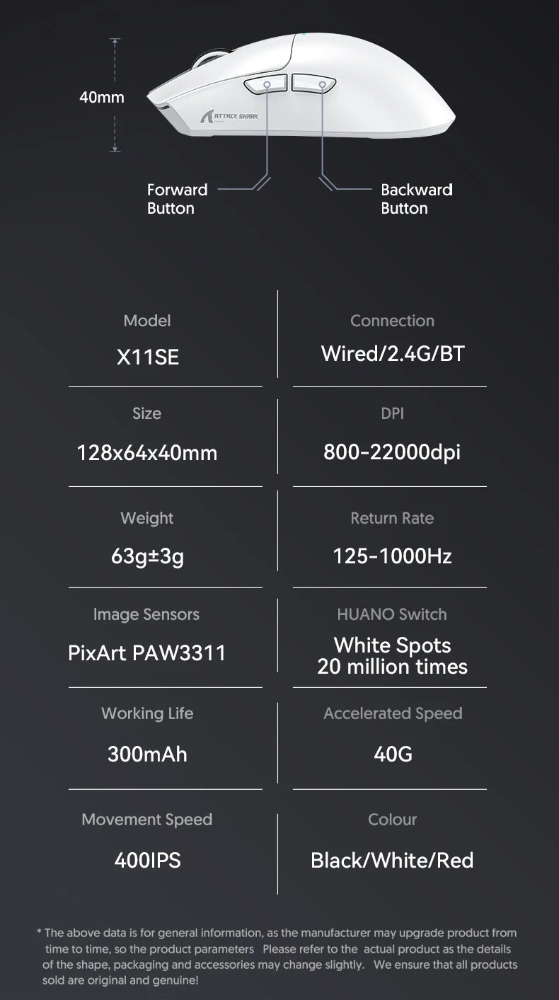 ATTACK SHARK X11SE Wireless Gaming Mouse, Tri-Mode Superlight Mouse with PAW3311 Sensor, 22000 DPI, 63g Ultra-Light RGB Gaming Mouse for PC, Laptop & Esports