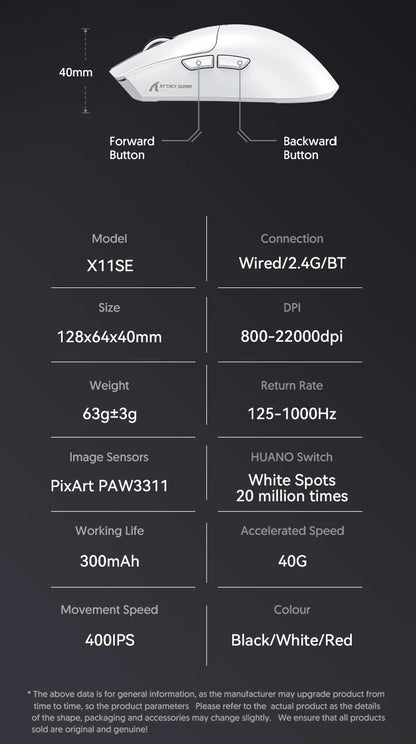 ATTACK SHARK X11SE Wireless Gaming Mouse, Tri-Mode Superlight Mouse with PAW3311 Sensor, 22000 DPI, 63g Ultra-Light RGB Gaming Mouse for PC, Laptop & Esports