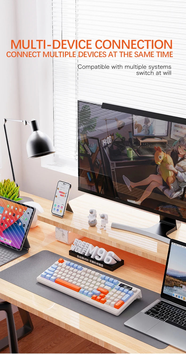 Teclado Bluetooth Sem Fios M96 FREEWOLF com Ecrã Gaming, Ecrã Eletrónico, Ligação a Vários Dispositivos, Ergonomia Gaming