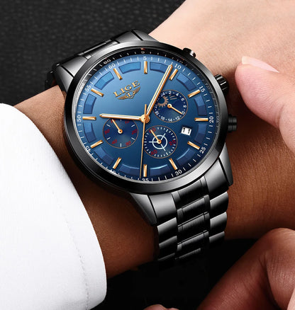 LIGE herenhorloge – Luxe quartz-chronograaf, waterdicht (3 bar), met lichtgevende wijzers – Cadeautip (inclusief doos)