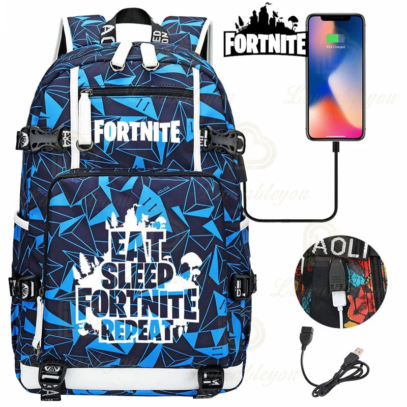 Yule Trooper F-Fortnited Battle Royale Backpack with USB Charging Anime Figures Study Stationery Compartment Students Mochila
