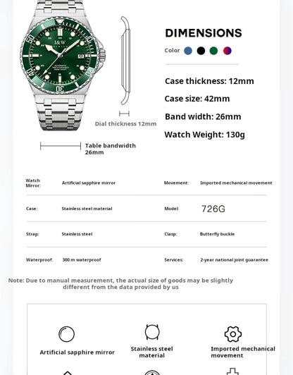 IW Luxury Brand Automatic Mechanical Sports Diving Watch Red Blue Bezel Steel Sapphire Luxury Men's Watches 300M Waterproof