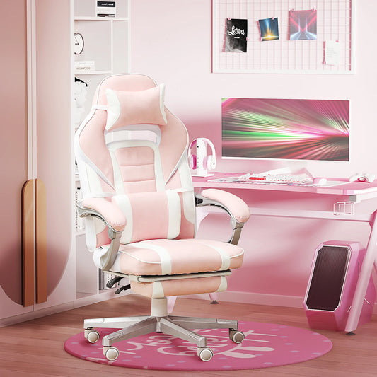 Pink Gaming Chair with Footrest, Adjustable, Headrest & Lumbar Pillow, 360° Swivel, High Back, Faux Leather, Max Load 120kg