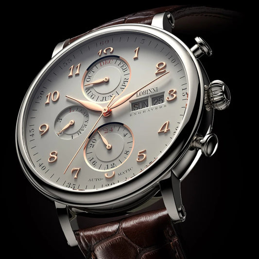 Relógio masculino mecânico automático LOBINNI Luxury Brand Switzerland com calendário perpétuo, vidro de safira e mostrador multifunções L13019-8