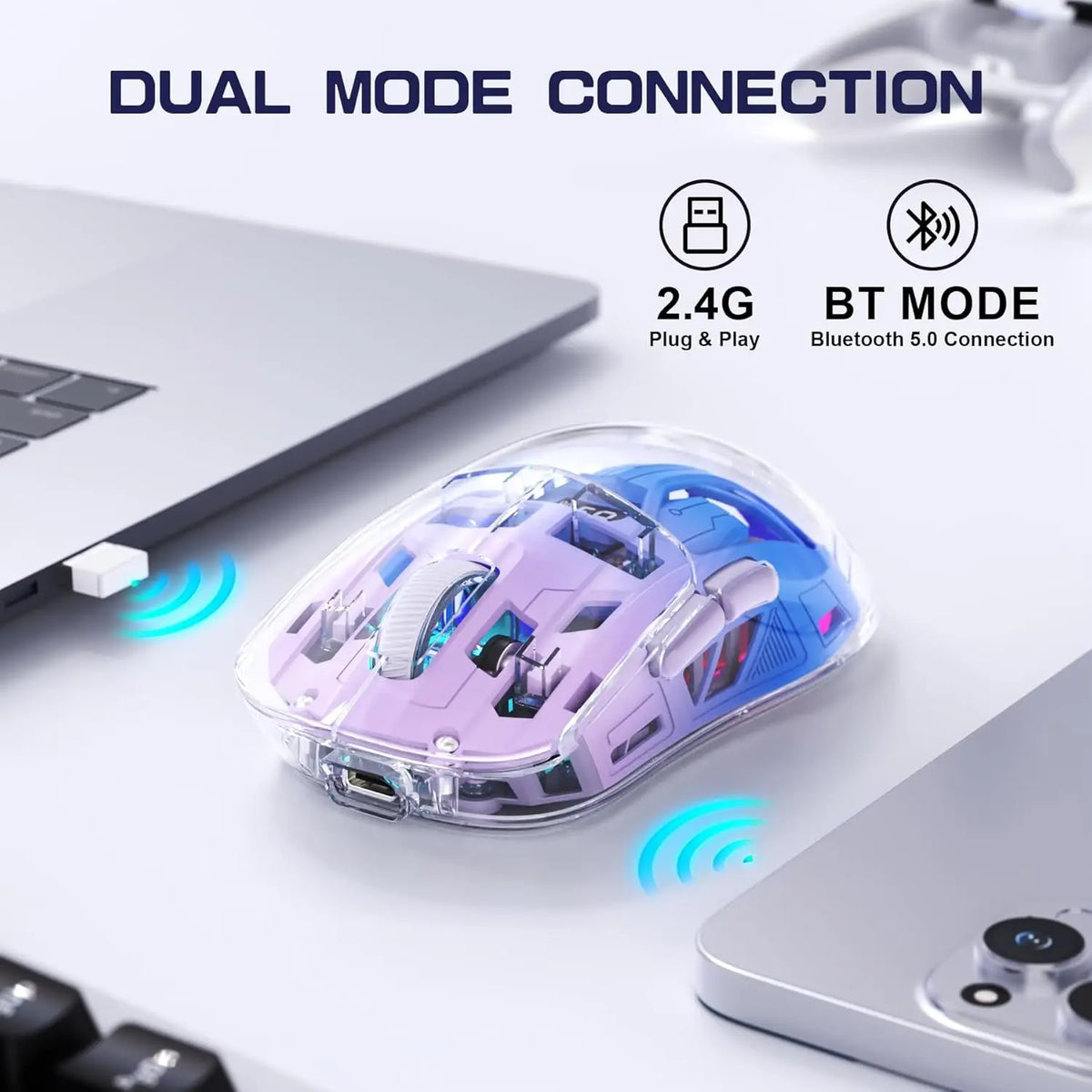 A2 przezroczysta bezprzewodowa mysz gamingowa, BT 5.0/2.4G, ładowalna mysz RGB do PC z ekranem cyfrowym, PixArt 3212, 5 regulowanych poziomów DPI