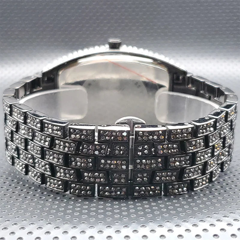 Stainless Steel Men's Watches Luxury Diamond Silver Iced Out Quartz Watch Top Brand 30M Waterproof Big Dial Tonneau Reloj Hombre