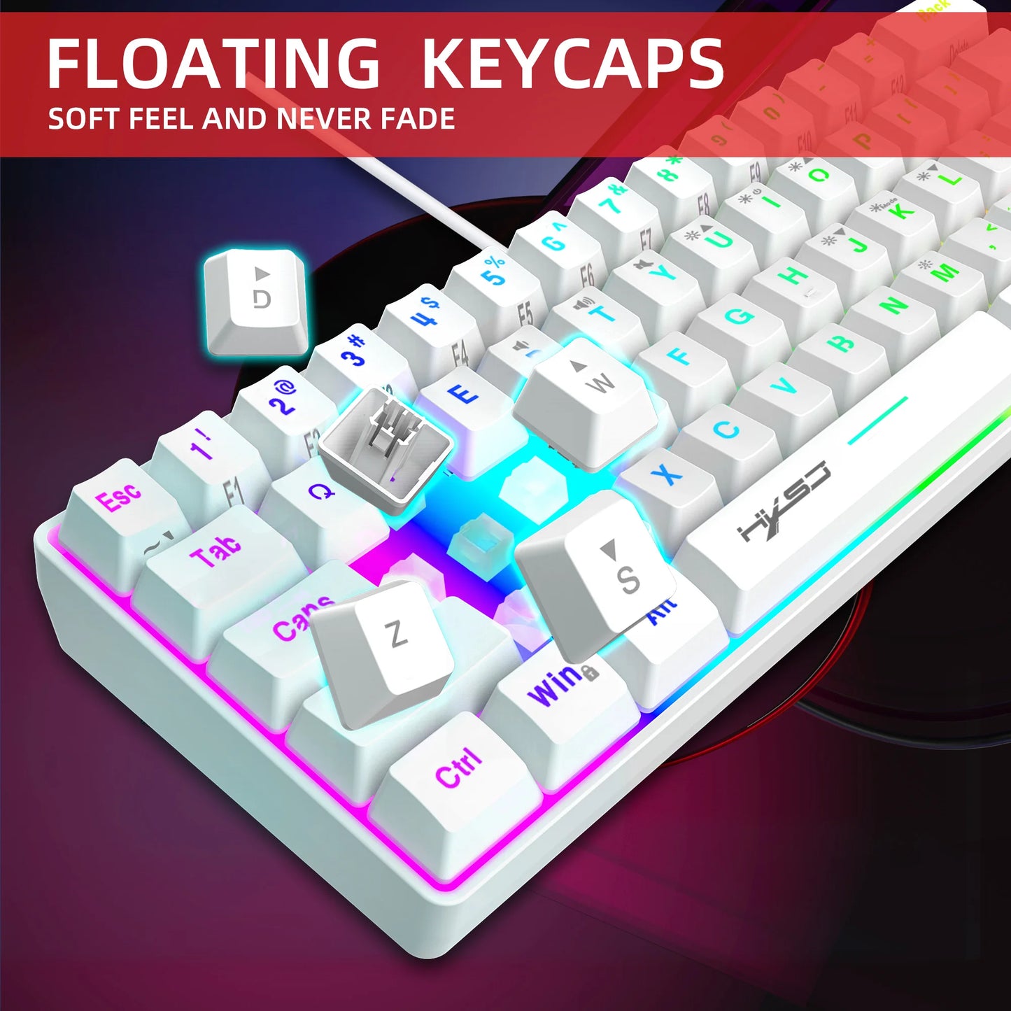 Novo mini teclado gaming com fios, teclado de membrana fino de 61 teclas, brilho RGB tátil e várias combinações de teclas rápidas, adequado para gaming e escritório