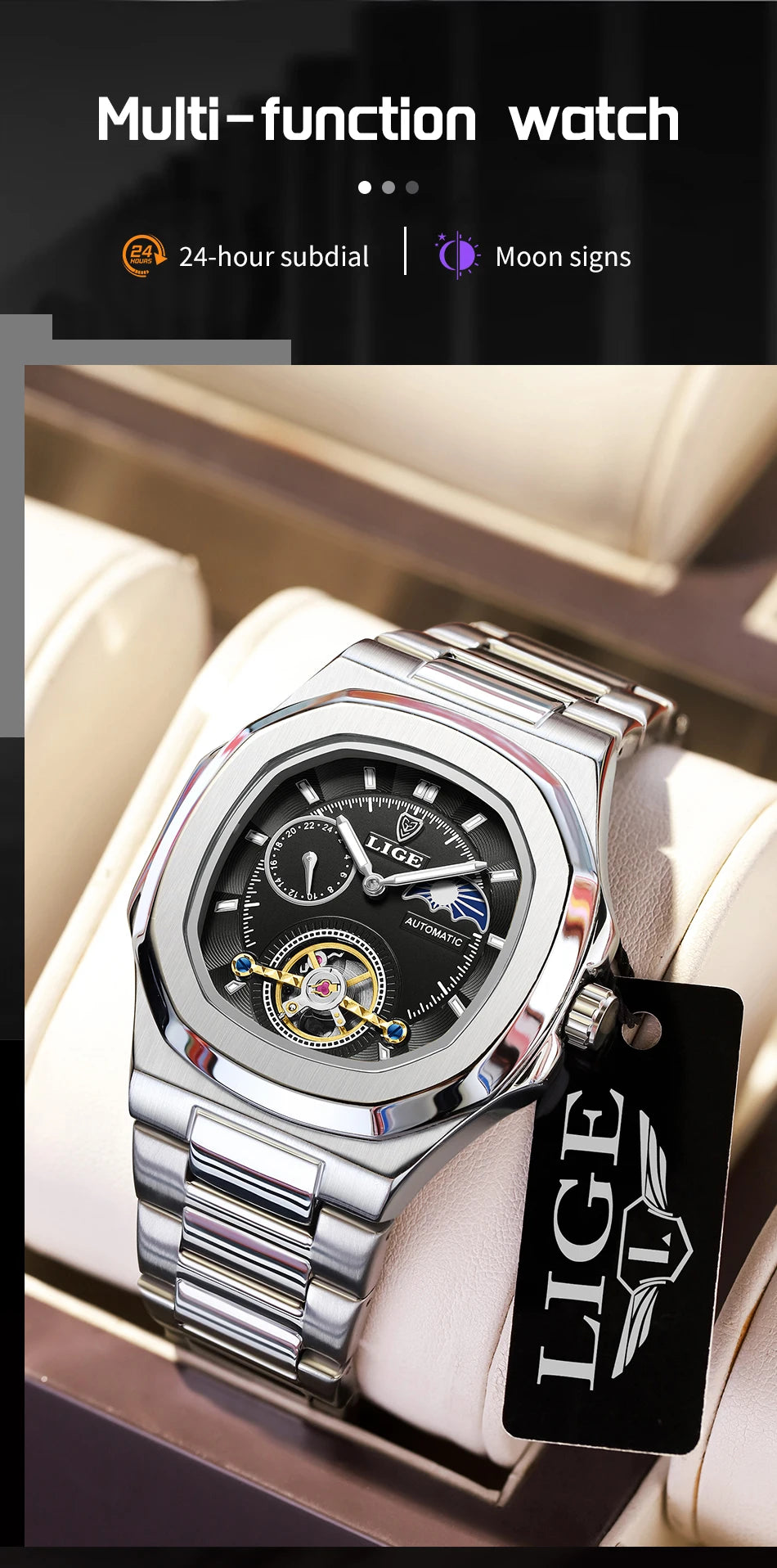 LIGE Watch For Man Luxury Business Waterproof Luminous Mechanical Watches Fashion Moon Phase Automatic Movement Men's Watches