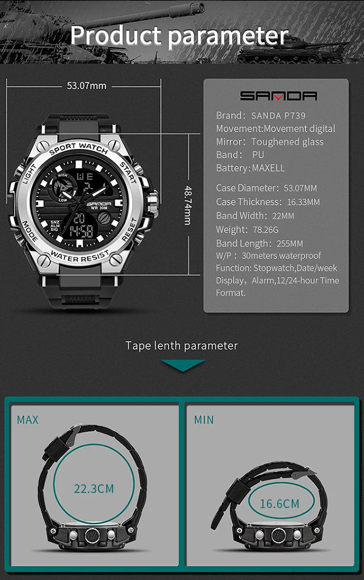 SANDA Top Luxury Watches Men Military Army Mens Watch Waterproof Sport Wristwatch Dual Display Watch Male Relogio Masculino