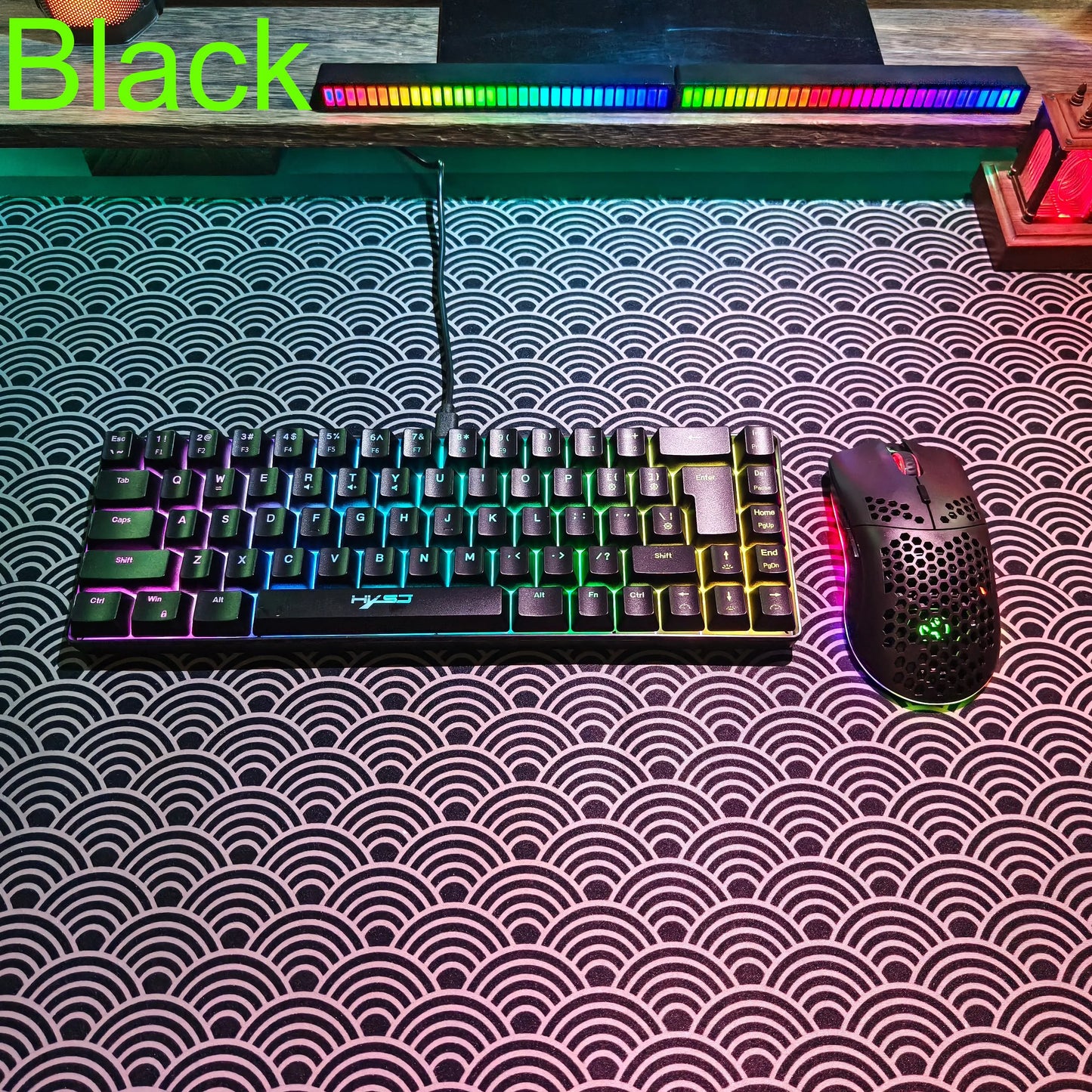 Conjunto portátil de teclado e rato gaming HXSJ 60% RGB: teclado de membrana com fios de 68 teclas e rato sem fios leve de 3 modos para PC e Mac