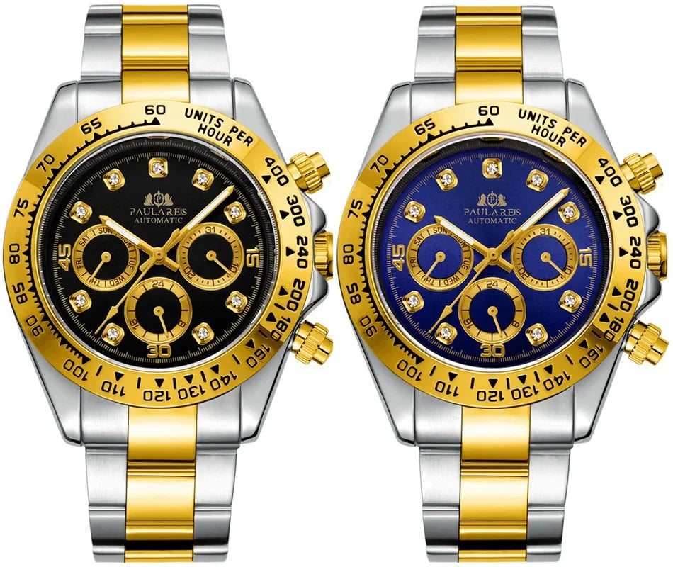 Automatic Mens Watch Mechanical Self Wind Movement Gold Black Stainless Steel Diamonds Stone Sports Luxury Fashion Watches