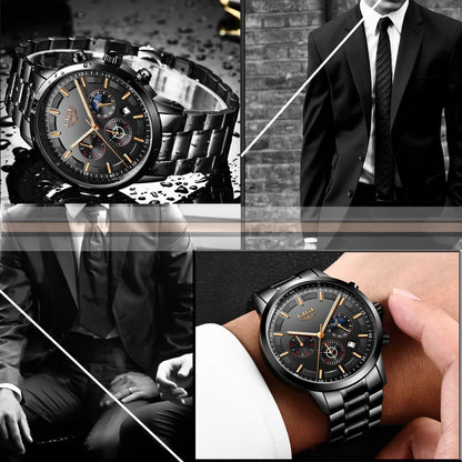 LIGE herenhorloge – Luxe quartz-chronograaf, waterdicht (3 bar), met lichtgevende wijzers – Cadeautip (inclusief doos)