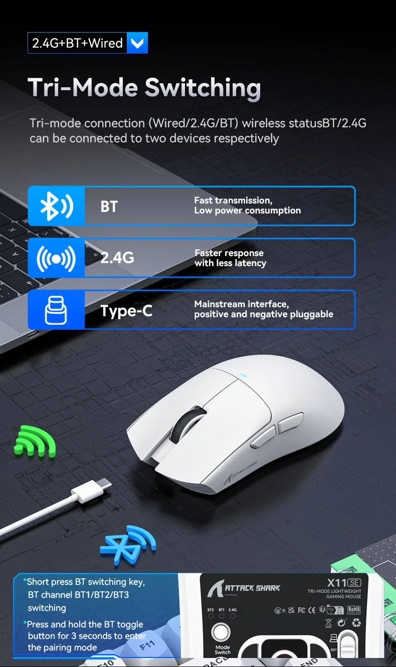 ATTACK SHARK X11SE Wireless Gaming Mouse, Tri-Mode Superlight Mouse with PAW3311 Sensor, 22000 DPI, 63g Ultra-Light RGB Gaming Mouse for PC, Laptop & Esports